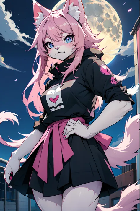 anime girl with pink hair and blue eyes posing in front of a full moon, anime catgirl, cat girl, female furry mini cute style, c...