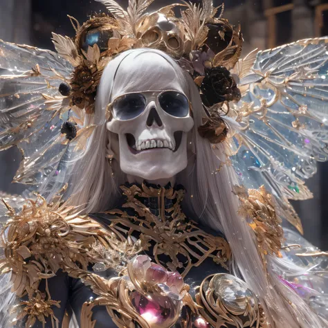 baton，Transparent wings，Magic wand，Wear thick gold-framed reflective sunglasses，32K（tmasterpiece，k hd，hyper HD，32K）Burgundy double ponytail，The Silver Skull Jewelry District in the backstreets，Indigo Skull King ，Skeleton protector （The skeleton is realisti...