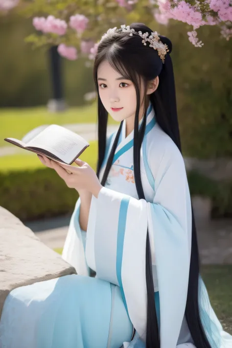 At night, The woman in Hanfu sat down facing the camera，His hand was flipping through the book，Exquisite facial features ，Beautiful detailed girl,Long shot,undefined "Real" The light source,En plein air,1girll,Solo,Smile,perfect women figure,Real photos,Lo...