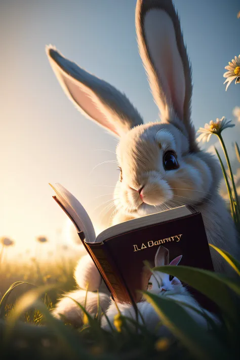 Close-up photo of the bunny reading and learning，macro，clean backdrop，depth of fields，largeaperture，photography of，volume fog，Halo，blooms，Dramatic atmosphere，Sunny morning