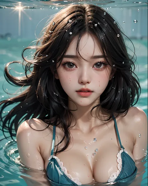 对称，High Detail RAW Color Photo Professional Close Photo，[:(high-detail face：1.2）：0.1]，（PureErosFace_V1：0.8），A half body，pores，Real human skin，Portrait of an 18-year-old woman bathing underwater，Physical contact with water and ripples around it，Clear clean ...