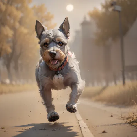 "Create a stunning 8k masterpiece featuring a mini schnauzer running do fast in a greenfield during the golden hour. The image should be in gray scale color with a realistic-photography style. Please make sure to capture the full body of the dog in motion....