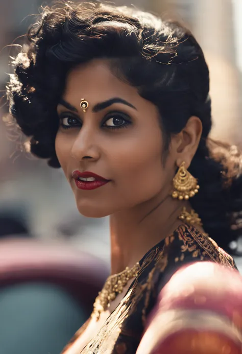 panoramic long shot of a beautiful south asian girl, dynamic pose, old classic , wavy black hair, 50s pin up style, intricate, detailed, DSLR camera , 8K UHD, deep blacks, post processing, nubian nose, protruding teeth, prominent mamary glands