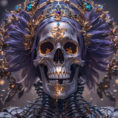 skelleton，lunette de soleil，32k（tmasterpiece，k hd，hyper hd，32k）purple-pink flowing hair，gold skull jewelry area in the back room...