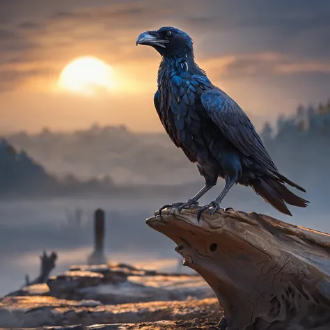 Two crows on a dead tree, A shadow shaped like a walker, Starry night, Thick fog on the ground, Blue light on the horizon, Unreal Engine 5, Cinematic, low angle photography, Motion blur, Depth of field, Dust, Cobblestones and dirt. Splash Art, dripping pai...