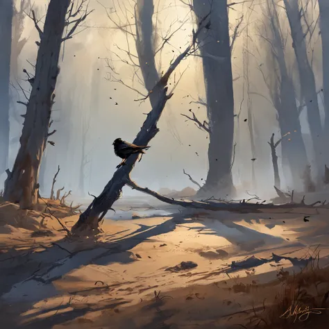 Two crows on a dead tree, A shadow shaped like a walker, Starry night, Thick fog on the ground, Blue light on the horizon, Unreal Engine 5, Cinematic, low angle photography, Motion blur, Depth of field, Dust, Cobblestones and dirt. Splash Art, dripping pai...