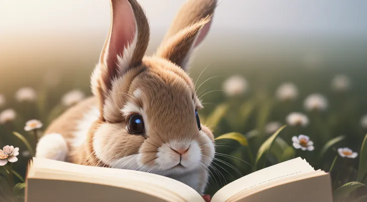 Close-up photo of little rabbit reading a book，macro，clean backdrop，depth of fields，largeaperture，photography of，volume fog，Halo，blooms，Dramatic atmosphere，Sunny morning