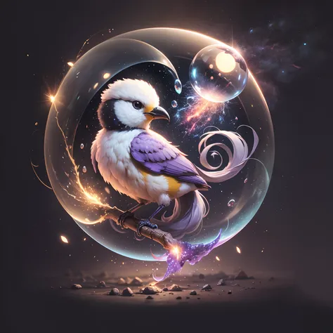 A cute bubble bird, bubble shape, pale purple , surrounded the galaxies sparks and zodiac sparkles, on Black background --auto --s2