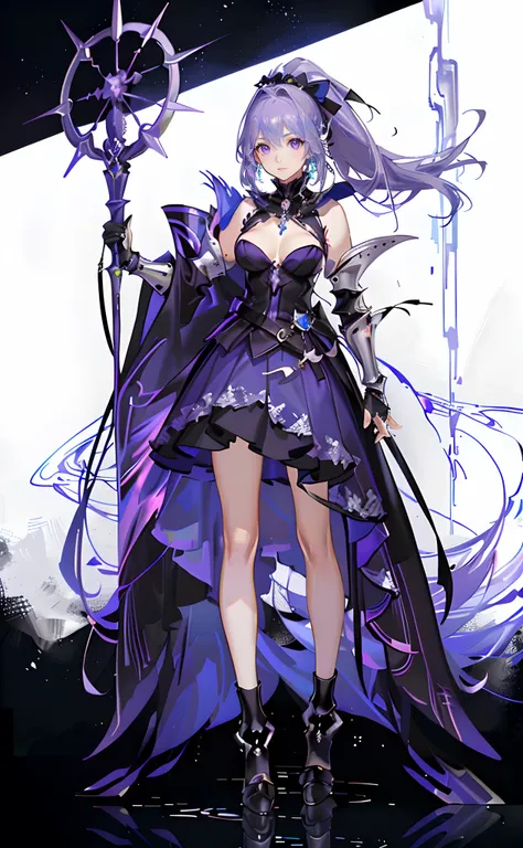 best qualityer，tmasterpiece，Ultimate resolution，downy，Extremely colorful，Colorful，Lady Knight，Royal Sister，Blue-purple armor skirt，Full body set with gemstones，amethyst，huge tit，（Short thin purple hair，High ponytail），Shield set with precious stones，jewelry...