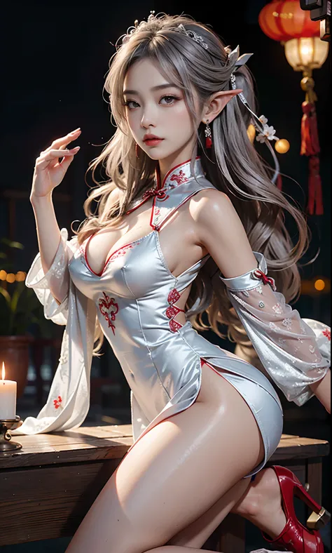 （a chinese wedding：1 silver-haired girl, Girl）， tmasterpiece， best qualtiy， RAW photogr， realisticlying， the face， Incredibly Ridiculous res， Beautiful elf beauty， ear studs，Get wet all over， (Long silver hair)， (Chinese red wedding dress)，Costume dress，(r...