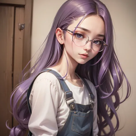 top quality picture、refined face、18year old、Slim body、long hair of lavender color、Kurobuchi glasses、Wearing overalls