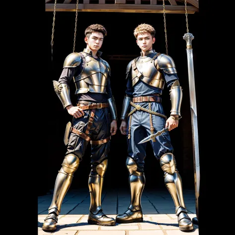 two people，fighting posture，male people， 年轻, ((solo)), with short golden hair, knight armor, cargo pants,knight boots，seductive ...