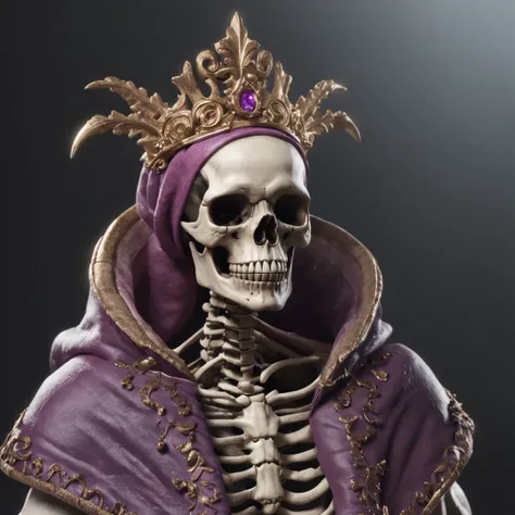 skelleton，Lunette de soleil，32K（tmasterpiece，k hd，hyper HD，32K）Purple-pink flowing hair，Gold skull jewelry area in the back room，Skeleton King ，Rusty copper dragon skull protector （The skeleton is realistic：1.4），Skull pattern robe，Purple-pink skull headdre...