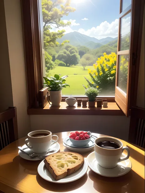 foto breakfast table, with a cup of hot coffee, fruits, bread, and a window on a sunny day