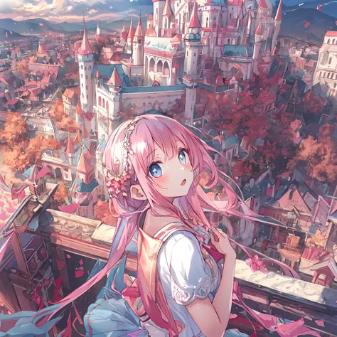 absurderes, hight resolution, (Anime style:1.1), ((masutepiece)), ((Best Quality)), (Ultra-detailed), (Beautiful), 独奏, Beautiful face、(liftup),12year old、In front of a super-sized and delicate castle、Cute princess clothes、girl with、Pink colorful hair, Colo...