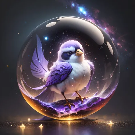 A cute bubble bird, bubble shape, pale purple , surrounded the galaxies sparks and zodiac sparkles, on Black background --auto --s2