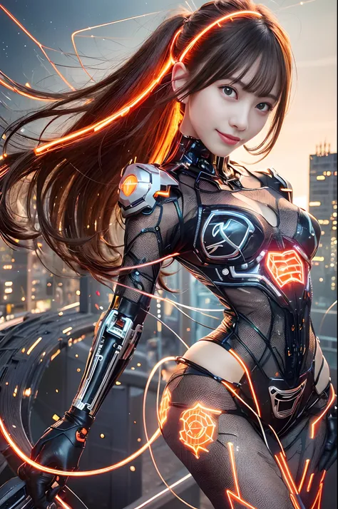 Cybernetic arm and glowing cyber girl,(Sheer and revealing costumes:1.3, )Stand on a post-apocalyptic battlefield cityscape.Surrounded by a network of wires. Surrounded by a web of circuits. (Cyber Girl with Orange Glowing Sword:1.3), Glossy light brown an...