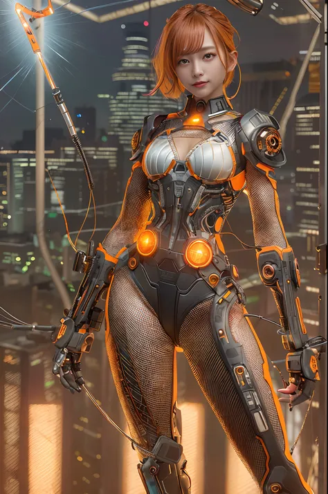 Cybernetic arm and glowing cyber girl,(Sheer and revealing costumes:1.3, )Stand on a post-apocalyptic battlefield cityscape.Surrounded by a network of wires. Surrounded by a web of circuits. (Cyber Girl with Orange Glowing Sword:1.3), Glossy light brown an...