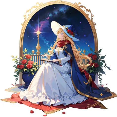 （Long curly blonde hair），1girll，red shawl，（Wide-brimmed wizard hat），Blue and white Lolita，Dress up，Gilded decoration on clothes，Roses on clothes，( sitted)，Rose garden，full bodyesbian，[White background 1::5]，solo person，blue color eyes，Rose garden，Magic boo...