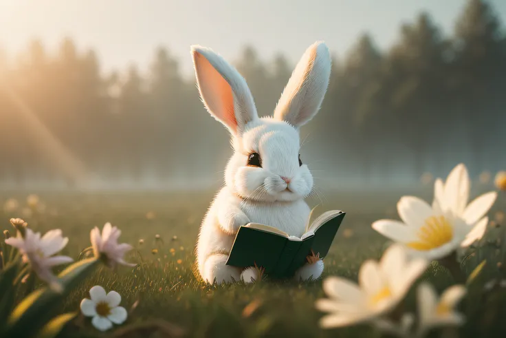 Close-up photo of little bunny sitting reading a book，macro，clean backdrop，depth of fields，largeaperture，photography of，volume fog，Halo，blooms，Dramatic atmosphere，Sunny morning