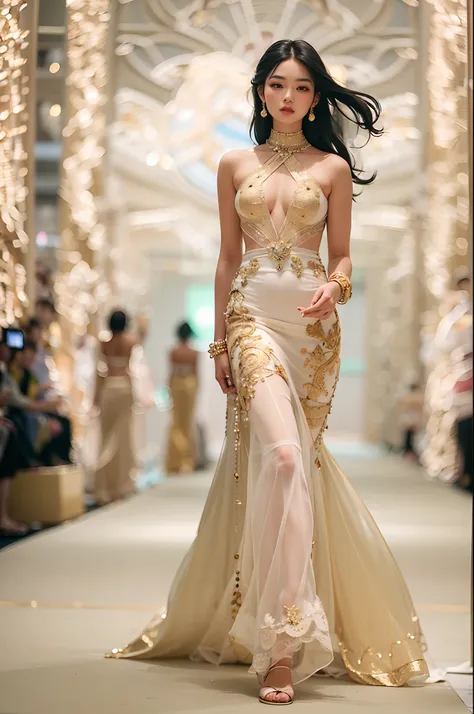 "Craft a scene where a young, exquisite Asian model glides down a fashion stages catwalk. The soft, low lighting accentuates her every move, highlighting the creamy-colored, intricately designed dress she wears. As she walks, her full body exudes beauty an...