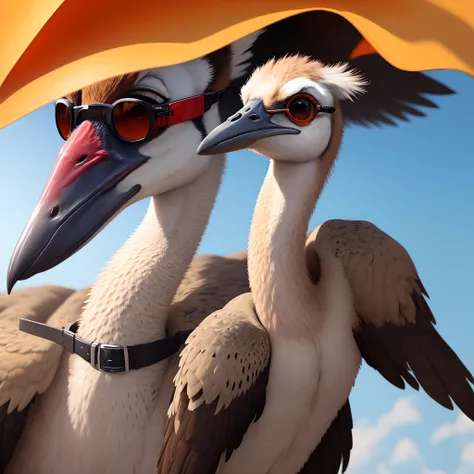 An artful rendering of an ostrich in a business suit and sunglasses, with a bright and colorful background, rendered in 8K hyper-realism.