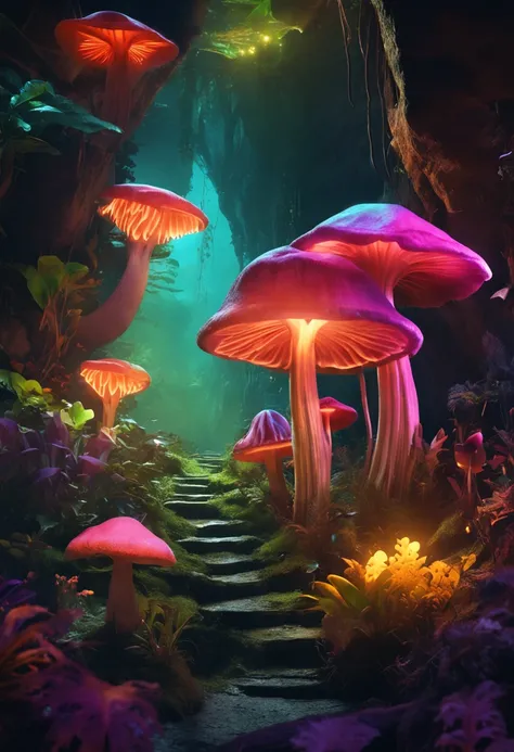 Caves, glowing exotic plants, dreamy, colorful, mushrooms, fireflies