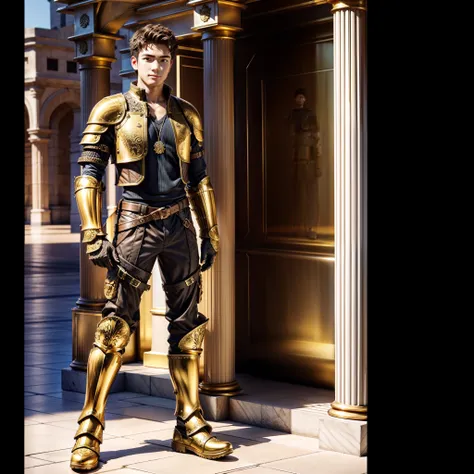 solo person，standing posture，male people， 年轻, ((solo)), golden curly hair, knight armor, cargo pants,knight boots，seductive feet...