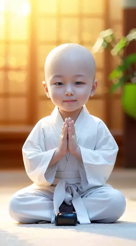 Close-up of a child sitting on the ground in a white robe, he is greeting you warmly, peaceful expression, dressed in simple robes, prayer meditation, blessing hand, little boy wearing nun outfit, peace, wearing white robes with!, very calm and wholesome, ...