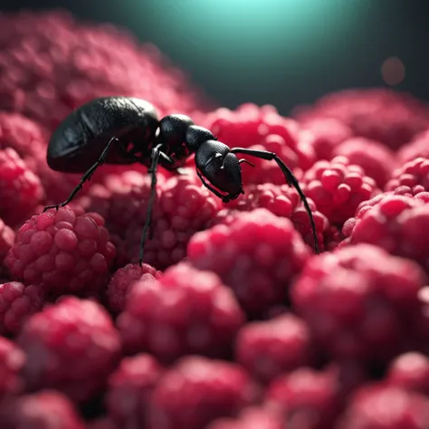 A black ant lies on a pile of raspberries，Dreamy light，High-angle lens shooting，photorealistic cinematic render, Cinematic 3D rendering, realistic cgi render, Depicted as a 3D rendering