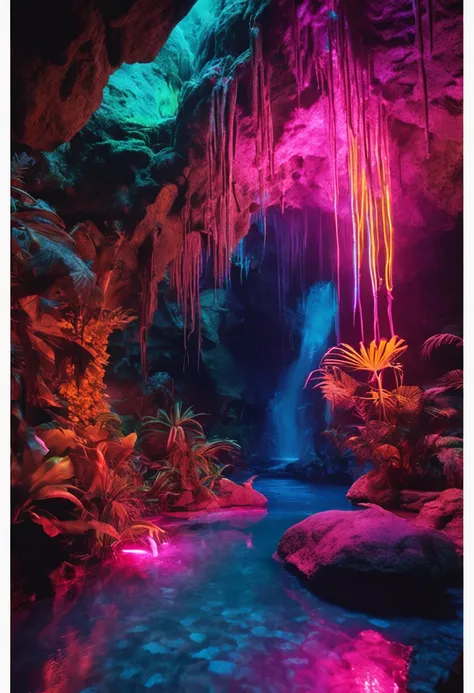 Caves, hot spring pools, glowing exotic plants, dreams, colorful fluorescent light