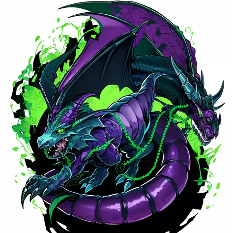 Malleus Draconia as a Digimon, ((1boy:1.4)), malleus draconia (twisted wonderland), horns, ((dragon like:1.2)), black scales, Green skin , ((black green and Purple color scheme)), ((Maleficent inspired)),digimon (creature), High Aesthetic, masterpiece, Hig...