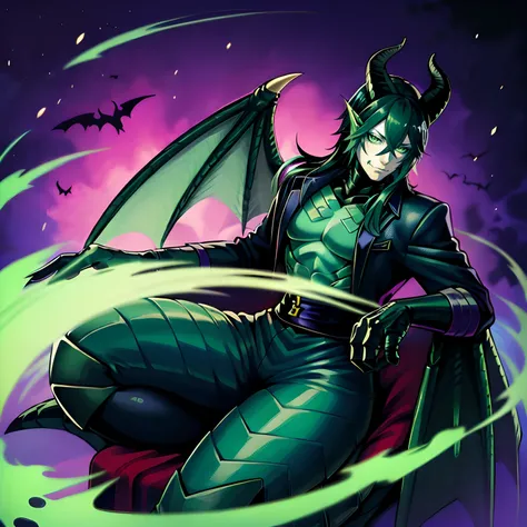 Malleus Draconia as a Digimon, 1boy, malleus draconia (twisted wonderland), horns, ((dragon like)), black scales, Green skin , ((black green and Purple color scheme)), ((Maleficent inspired)),digimon (creature), Monster boy, High Aesthetic, masterpiece, Hi...