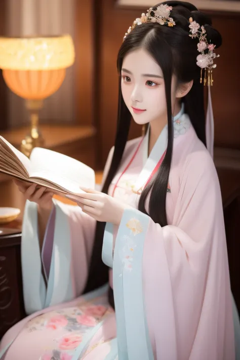 Full moon night，The Hanfu beauty sat down facing the camera，Turn pages gracefully，Her delicate facial features reveal a perfect face。She has a beautiful and detailed appearance。。，Wearing Hanfu，The colorful colors make it even more dazzling。She has long hai...