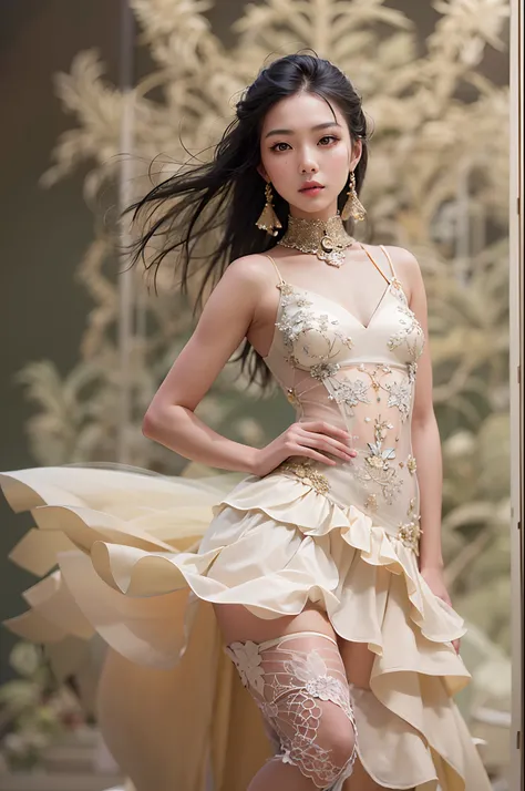 "Craft a scene where a young, exquisite Asian model glides down a fashion stages catwalk. The soft, low lighting accentuates her every move, highlighting the creamy-colored, intricately designed dress she wears. As she walks, her full body exudes beauty an...