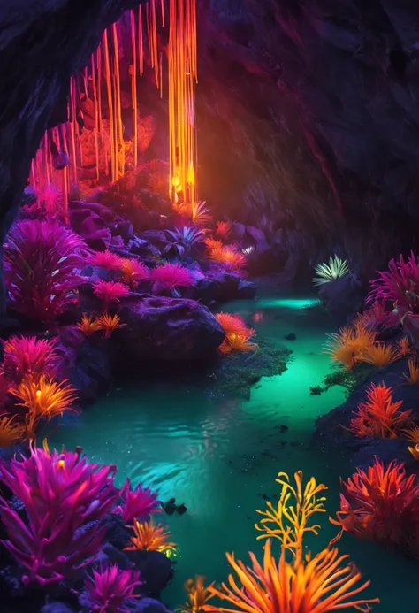 Caves, hot springs, glowing plants, exotic plants, weird plants, dreams, colorful fireflies