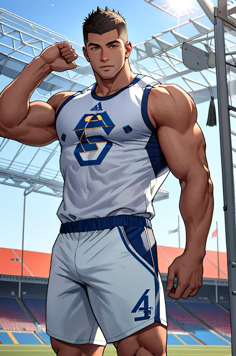 Draw a full-fledged athlete，Stand on the central field of the gym，He wears high-end sportswear，The man looks confident and determined，rays of sunshine，cheerful big breasts，Handsome，Crew cut，full bodyesbian，shooting from below，