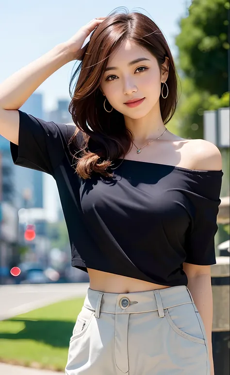 1girl, (looking at viewer),  (bokeh:1.1), closed mouth,light smile, realistic, arm up, off shoulder,
pants, skyline,
best quality, (photorealistic:1.4), ultra highres, llfMasami Nagasawa