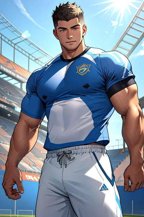 Draw a full-fledged athlete，Stand on the central field of the gym，He wears high-end sportswear，The man looks confident and determined，rays of sunshine，cheerful big breasts，Handsome，Crew cut，full bodyesbian，shooting from below，