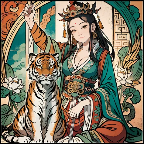 an ancient Chinese goddess, guanyin of the southern seas, Guanyin, Inspired by India, Avalokiteshvara rides a tiger，,Serene expression,shui mo hua,Buddha,Buddhist,Lotus,Chinese painting style,Thangka style