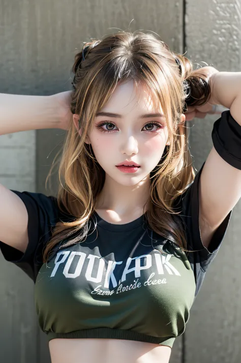 (1girl),large breasts,  breasts, tan, dewy skin, sweaty skin, wavy blonde hair, punk tshirt, punk girl