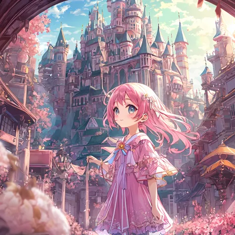 absurderes, hight resolution, (Anime style:1.1), ((masutepiece)), ((Best Quality)), (Ultra-detailed), (Beautiful), 独奏, Beautiful face、(liftup),12year old、In front of a super-sized and delicate castle、Cute princess clothes、girl with、Pink colorful hair, Colo...