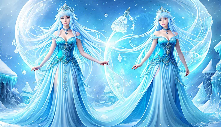 "goddess of winter, Ice Queen, ice sorceress, Ice Princess, Winter queen, queen of ice, female made of ice, jellyfish priestess, ice spell, Blue-haired bubble woman in blue dress, Exquisite art illustration, Anime fantasy illustration, digital fantasy art,...