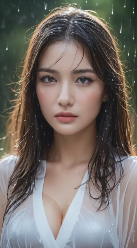 (Best quality, 4k, Masterpiece :1.3), pretty woman, 1girl, (breasts, attractive body :1.2), abs :1.1, dark brown hair: 1.1, (rainy wet, wet from rain, wet body :1.2), ultra-detailed face, detailed lips, detailed eyes, double eyelid