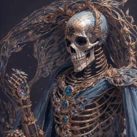 skelleton，Lunette de soleil，32K（tmasterpiece，k hd，hyper HD，32K）Purple-pink flowing hair，Gold skull jewelry area in the back room，Skeleton King ，Rusty copper dragon skull protector （The skeleton is realistic：1.4），Skull pattern robe，Purple-pink skull headdre...