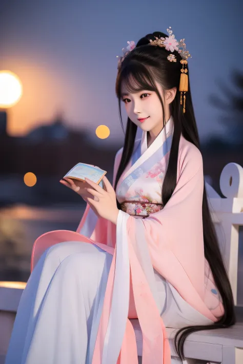 Full moon night，The Hanfu beauty sat down facing the camera，Turn pages gracefully，Her delicate facial features reveal a perfect face。She has a beautiful and detailed appearance。。。。。。，Wearing Hanfu，The colorful colors make it even more dazzling。She has long...