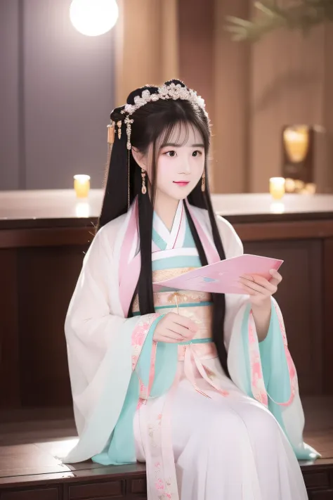 Full moon night，The Hanfu beauty sat down facing the camera，Turn pages gracefully，Her delicate facial features reveal a perfect face。She has a beautiful and detailed appearance。。。。。。。，Wearing Hanfu，The colorful colors make it even more dazzling。She has lon...