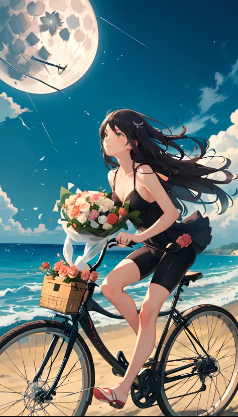 A girl riding a bicycle carrying a bouquet of roses in front of the beach in front of the moon and green land