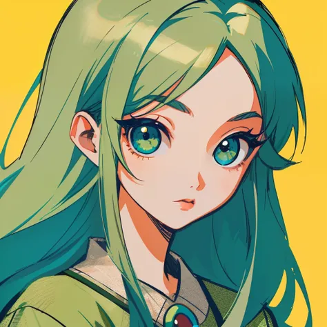 Cartoon illustration of lady in green shirt facingviewer, big eyes, round eyes, straight hair, longhair, beautiful, high quality, created by mrs beccadoodlefly, grunge beauty style, sandara tang,

closeup, charming character illustration, folklore