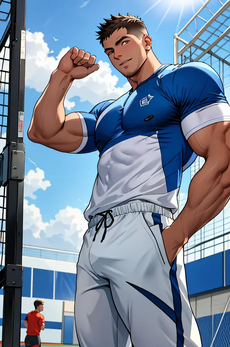 Draw a full-fledged athlete，Stand on the central field of the gym，He wears high-end sportswear，The man looks confident and determined，rays of sunshine，cheerful big breasts，Handsome，Crew cut，full bodyesbian，shooting from below，